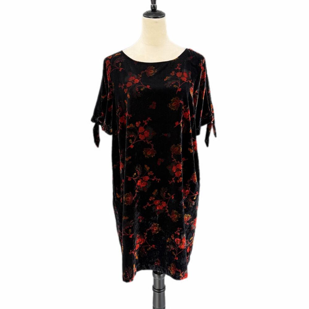 LOFT Black Crushed Velvet Velour Floral Short Split Sleeve Tie Fall Mini Dress
